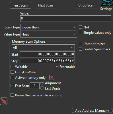 Paramètres de recherche Cheat Engine