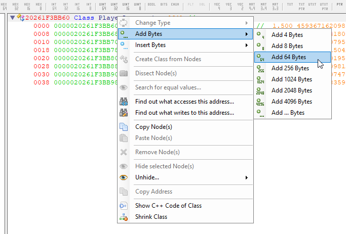 ReClass.NET ajouter bytes